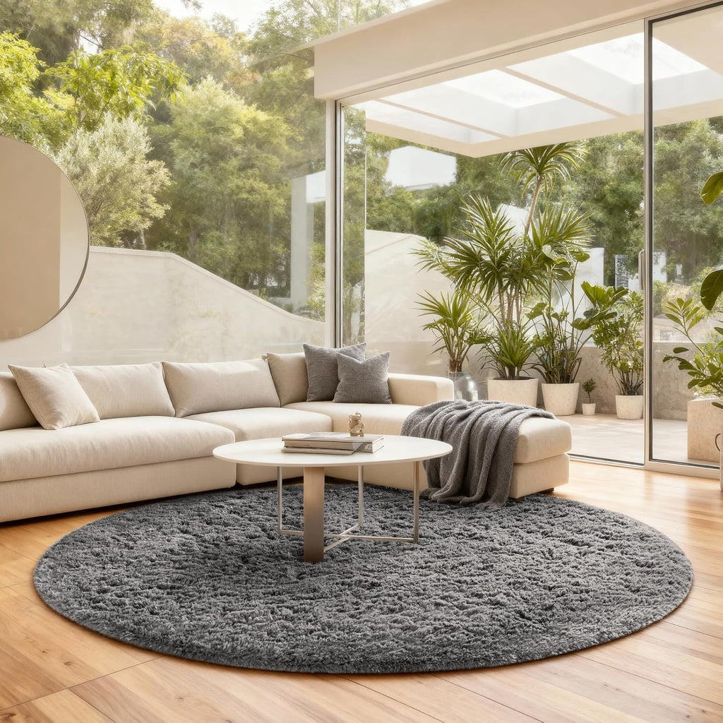Ophanie Round Rug - 7Ft Grey Plush Shag Area Rug | Soft Fluffy Carpet for Living Room & Nursery