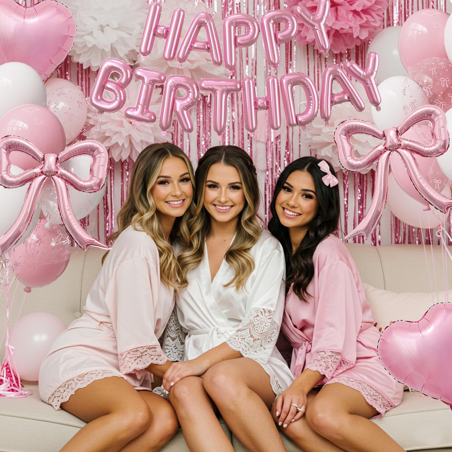 Pink Bow Birthday Party Decorations Kit with Bows Happy Birthday Balloon Banner, Pastel Pink Fringe Backdrop, Heart Balloons and Cake Toppers – Coquette Decor for Girls & Women