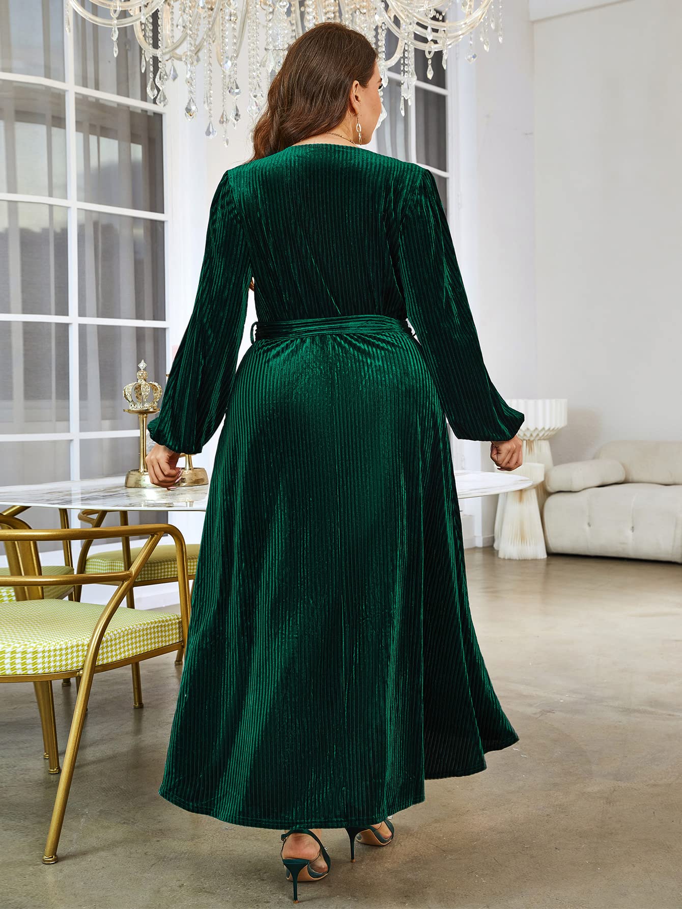 BerryGo Women's Plus Size Long Sleeve Velvet Wrap Dress V Neck Cocktail Semi Formal Maxi Dress for Wedding Guest Emerald Green 3XL