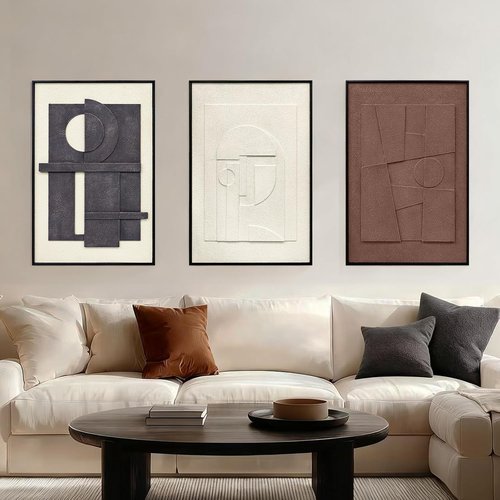 3D Textured Framed Wall Art - Modern Minimalist Geometric Decor | Neutral 3-Piece Set for Living Room, Office, 24x36 In