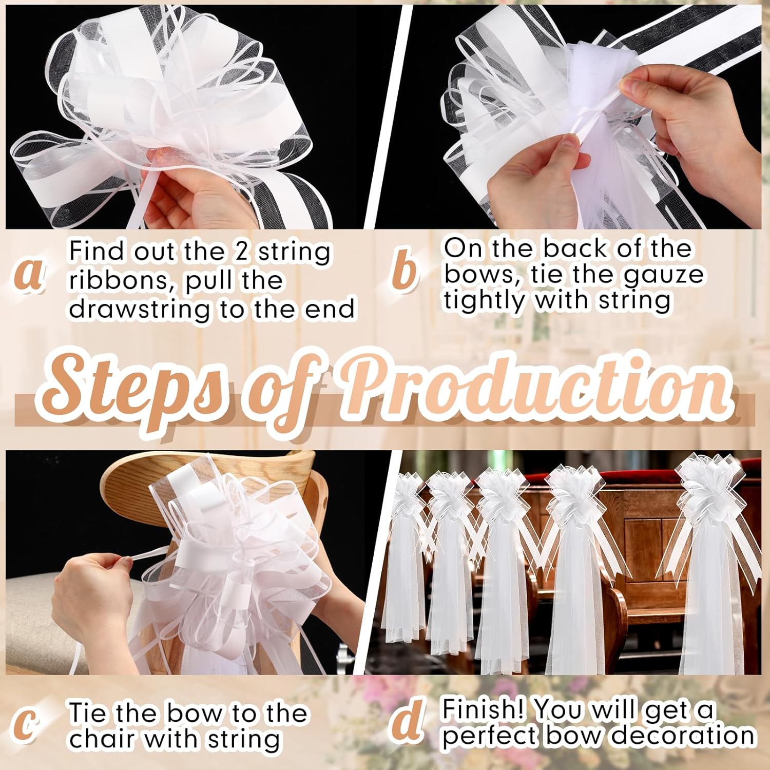 Skiennix 12 Set Large Wedding Pew Bows - Elegant White Tulle Tails for Aisle & Car Decorations