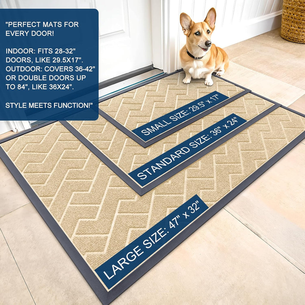 OLANLY Waterproof Front Door Mat - All-Season Herringbone Design | Sturdy Natural Rubber, Easy Clean (Beige, 71x23)
