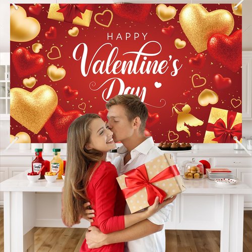 Happy Valentine's Day Backdrop Banner Decorations, Red and Gold Heart Romantic Love Happy Valentine's Day Signs Red Gold Background Valentines Day Anniversary Party Romantic Decor