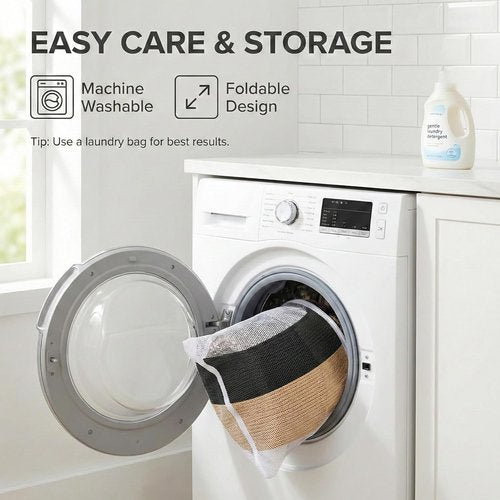 JMvicyroam Extra Large Blanket Basket - Woven Cotton Rope Laundry Hamper with Reinforced Handles | Black & Jute, Machine Washable Storage Bin for Pillows, Comforters & Toys