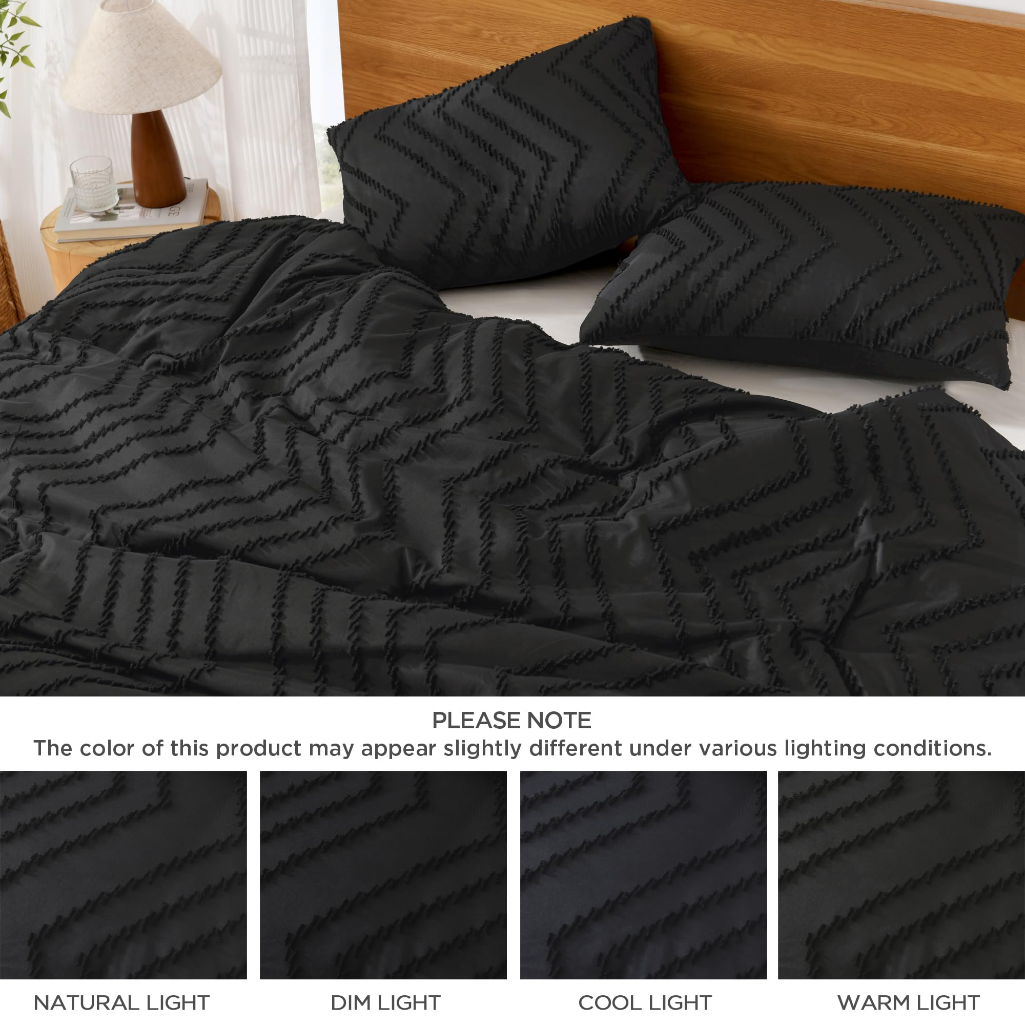 Litanika Oversized King Comforter Set 120x98, 3 Pieces Boho Chevron Tufted Bedding Comforter Sets, Fluffy Bed Set Black