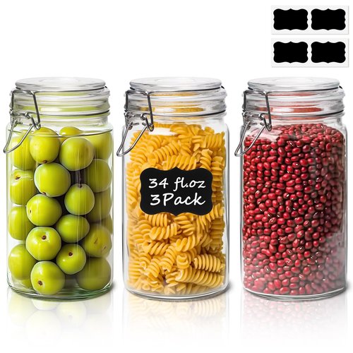 ComSaf Glass Jars with Airtight Lid Set of 3, Mason Jars 34 oz, Pickling Jar, Canning Jar 34oz, 34 oz Glass Containers with Lids for Kitchen, Pickle, Flour, Cereal, Pasta, Sugar, Herb