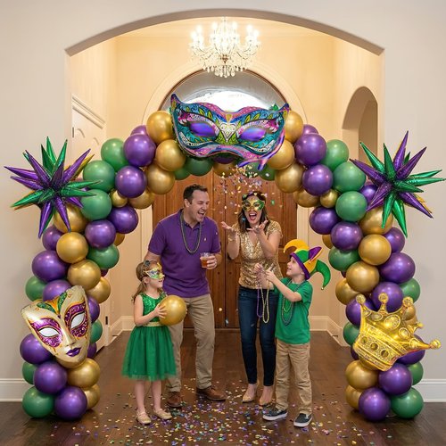 125 Carnival Balloon Garland Arch Kit - Purple, Emerald Green &Pearl Gold Balloons with Masks, Crown, and Exploding Star Foil Festive Party Decor for Masquerade, Birthday, Royal Events