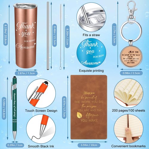 Ireer Employee Appreciation Gifts Thank You Teacher Gifts 20 oz Insulated Tumbler Keychain Pen Notepad(Stylish Colors,12 Sets)