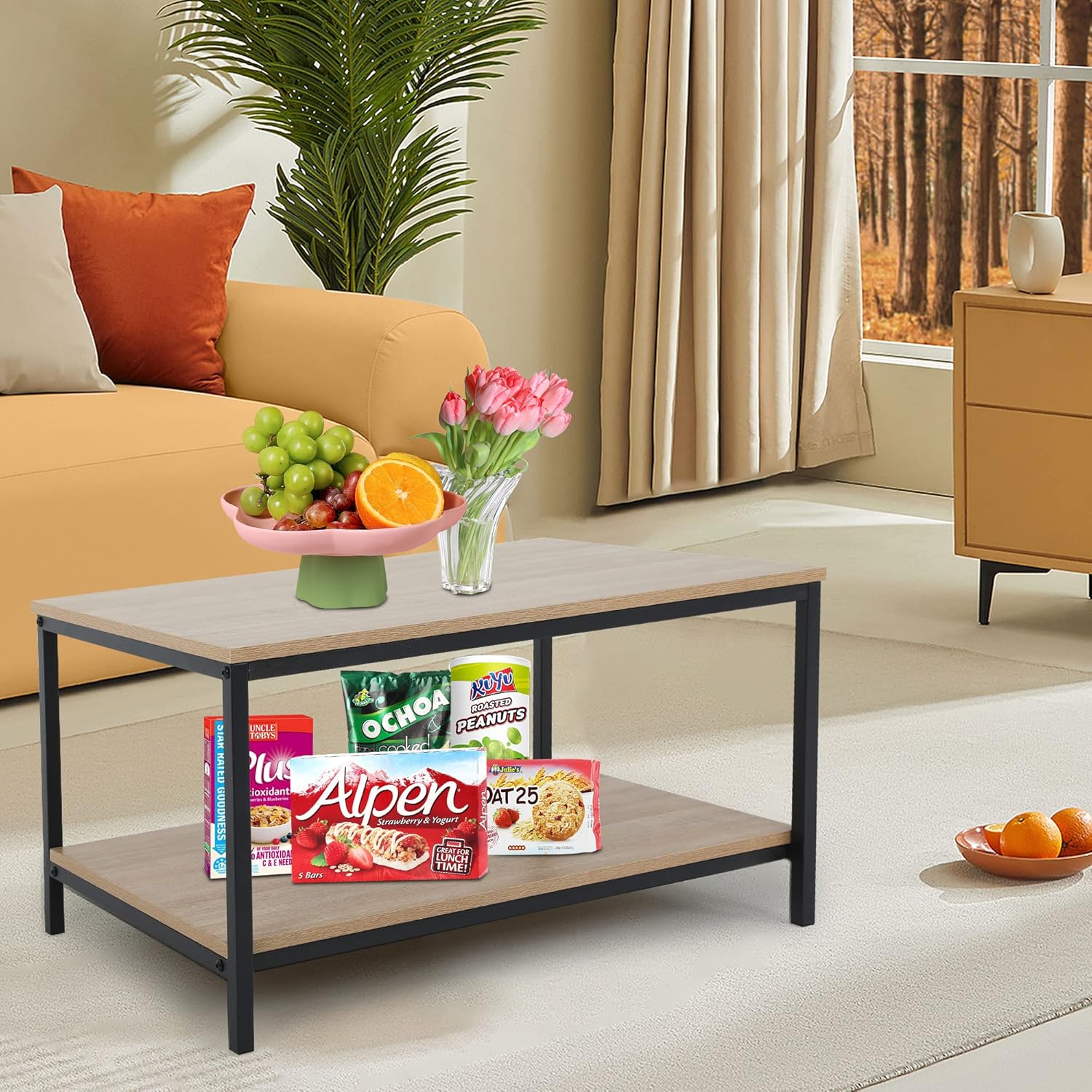 Skiennix 2-Tier Coffee Table - Metal Frame with Wood Finish & Open Storage Shelf | Easy Assembly