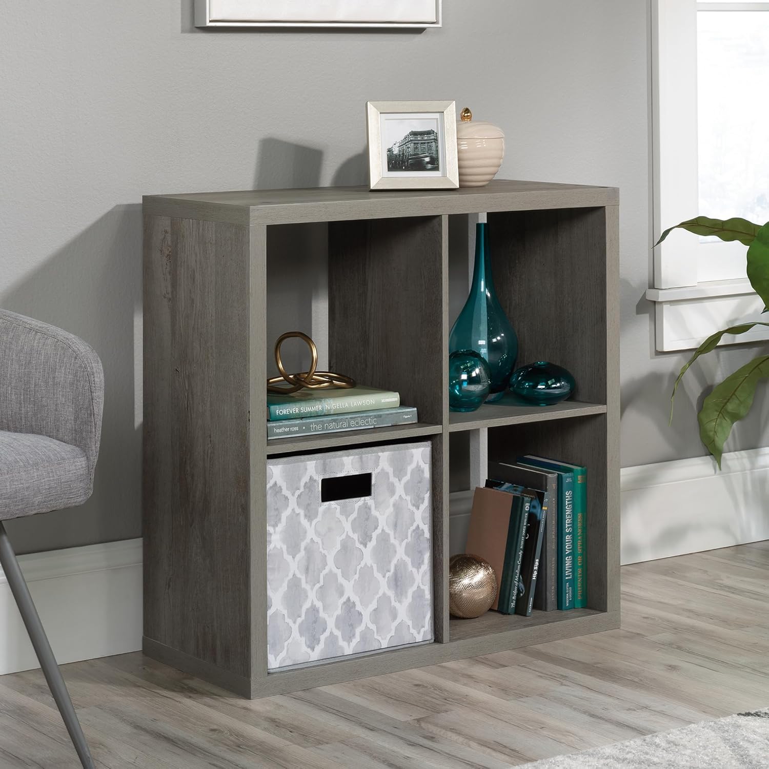 Sauder 4-Cube Organizer Storage Bookcase - Stylish Mystic Oak Design for Versatile Use