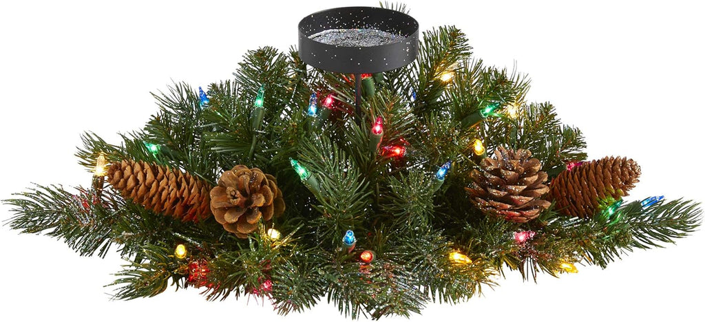 Nearly Natural 20-Inch Flocked Christmas Pine Candelabrum - Glittered with 35 Multicolored Lights & Pine Cones