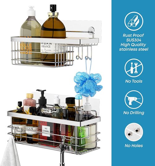 KESOL Shower Caddy - Rustproof SUS304 Stainless Steel Organizer with Hooks | Wall-Mounted, 2-Pack, Silver
