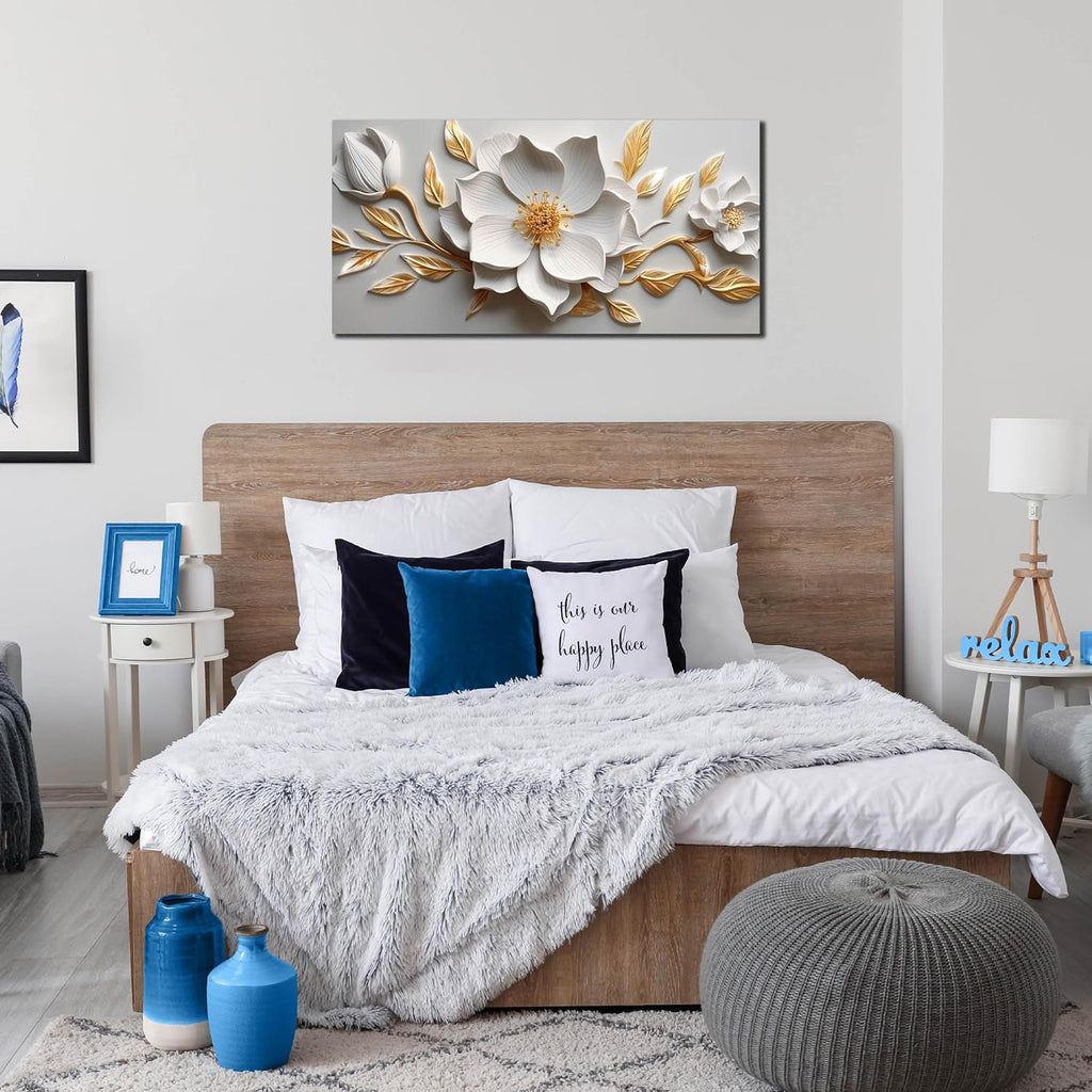 Skiennix Canvas Wall Art - Large White and Gold Floral Artwork for Living Room | 20x40 In Framed Decor
