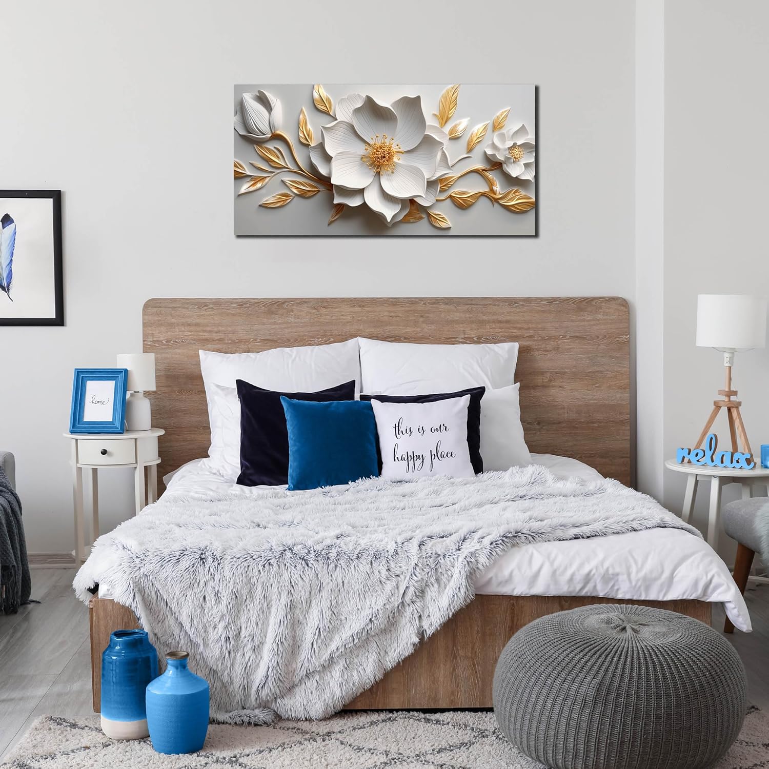 Skiennix Canvas Wall Art - Large White and Gold Floral Artwork for Living Room | 20x40 In Framed Decor