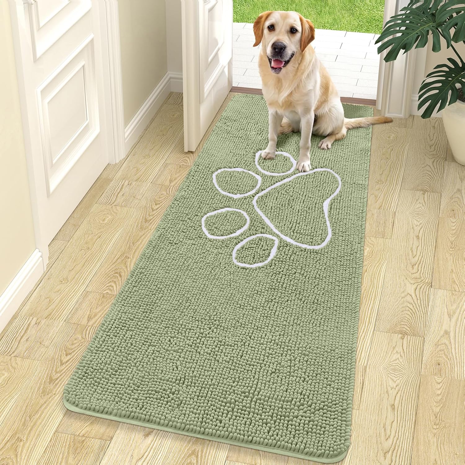 OLANLY Dog Door Mat - Absorbent Muddy Paws Doormat | Non-Slip Chenille, 70x24, Sage Green