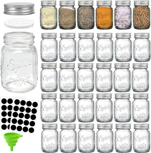 Coloch 30 Pack Glass Mason Spice Jars - 4 Oz with Shaker Lids, Airtight Caps & Labels