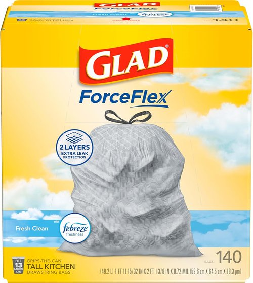 Glad ForceFlex Tall Kitchen Trash Bags - 13 Gallon, Fresh Clean Scent, 140 Count Pack