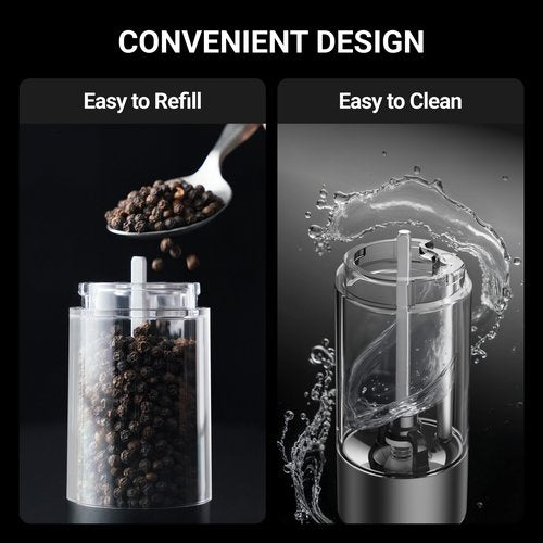 ThermoMaven Upgraded Larger Capacity Electric Salt and Pepper Grinder Set, 110ml Rechargeable Salt and Pepper Shaker with LED light, 6 Adjustable Coarseness, Stainless Steel, Black & Silver
