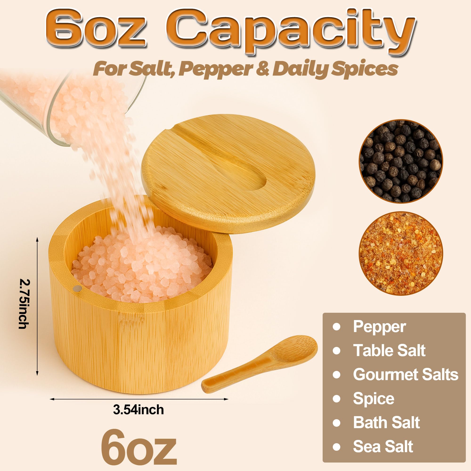 Loscarol 2Pcs Bamboo Salt Cellar Spice Box with Magnetic Swivel Lid & Spoon, Bamboo Storage Box Salt Container to Storage Pepper, Table Salt, Gourmet Salts, Spice, Sugar, 6 oz