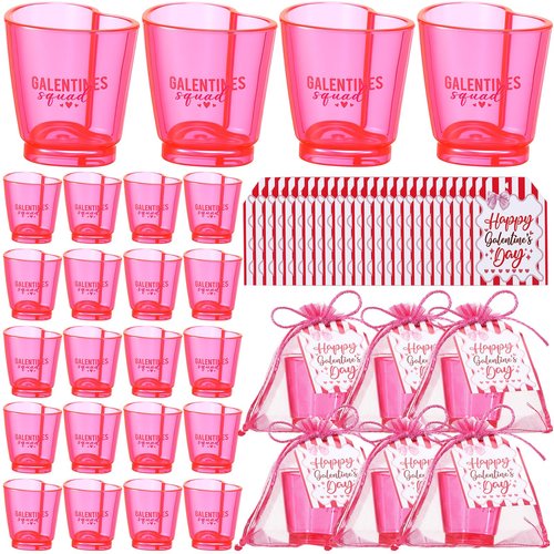 Ferrochef 24 Set Galentine Day Gift Heart Shaped Shot Glasses Set 1.5 oz Plastic Drinking Cups with Galentine Greeting Cards for Valentines Friendship Women Party Favors(Fuchsia)