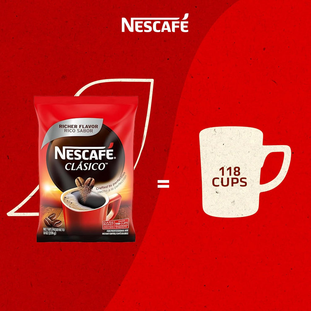 Nescafe Clasico Dark Roast Instant Coffee - Rich Flavor, 8 oz Pouch for Quick Brewing
