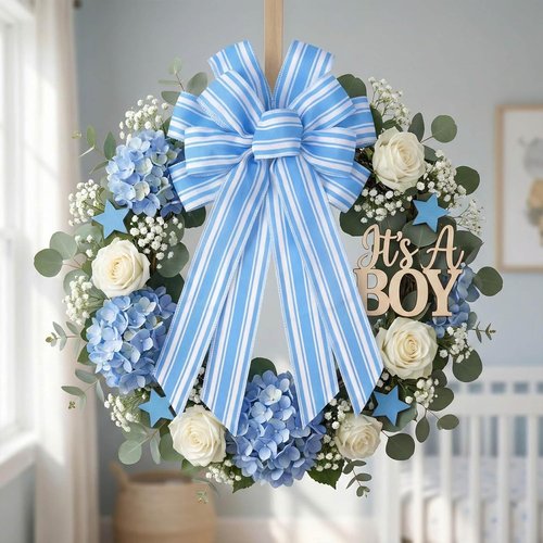 Blue White Striped Wreath Bow - Large 20x11 Inch Premade Baby Shower Decor | Summer Coastal Home Accent