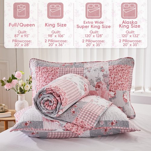 Oversized Alaska King Size Quilt Set Pink Grey Floral Plaid Patchwork Quilt 132x120 Extra Wide Super Reversible Quilted Bedspread Coverlet 3-Piece Comforter Bedding Set Bed Cover with 2 Pillow Shams