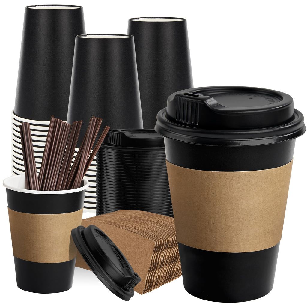 RACETOP 50 Pack 12 oz Coffee Cups with Lids, Black Disposable Coffee Cups with Lids, Sleeves and Stirring Sticks, Hot Paper Coffee Cup 12 oz for Hot Drinks, Parties, Picnic, Travel, and Events