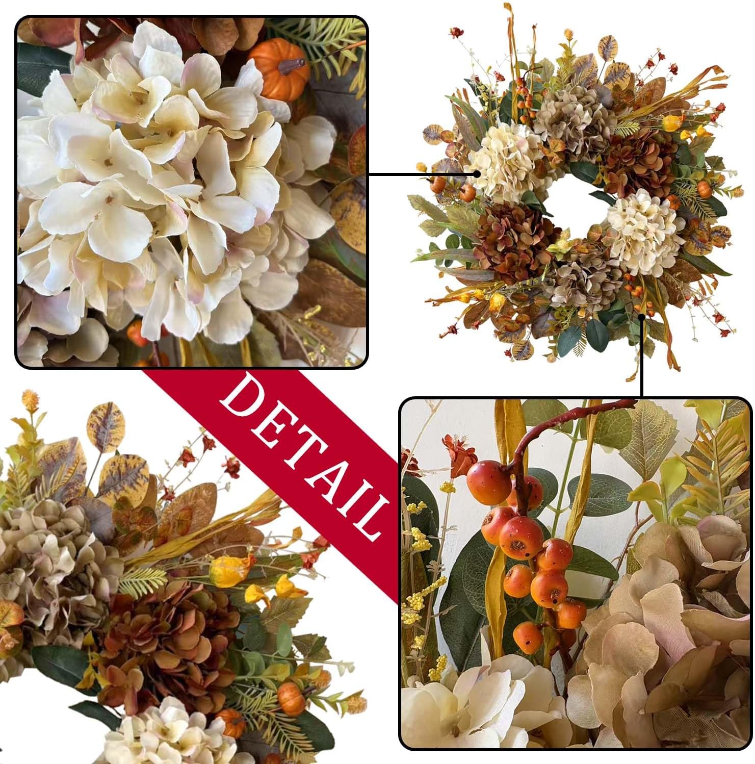 WANNA-CUL 24 Inch Fall Wreath - Hydrangea & Pumpkins | Perfect Autumn Decor for Front Door