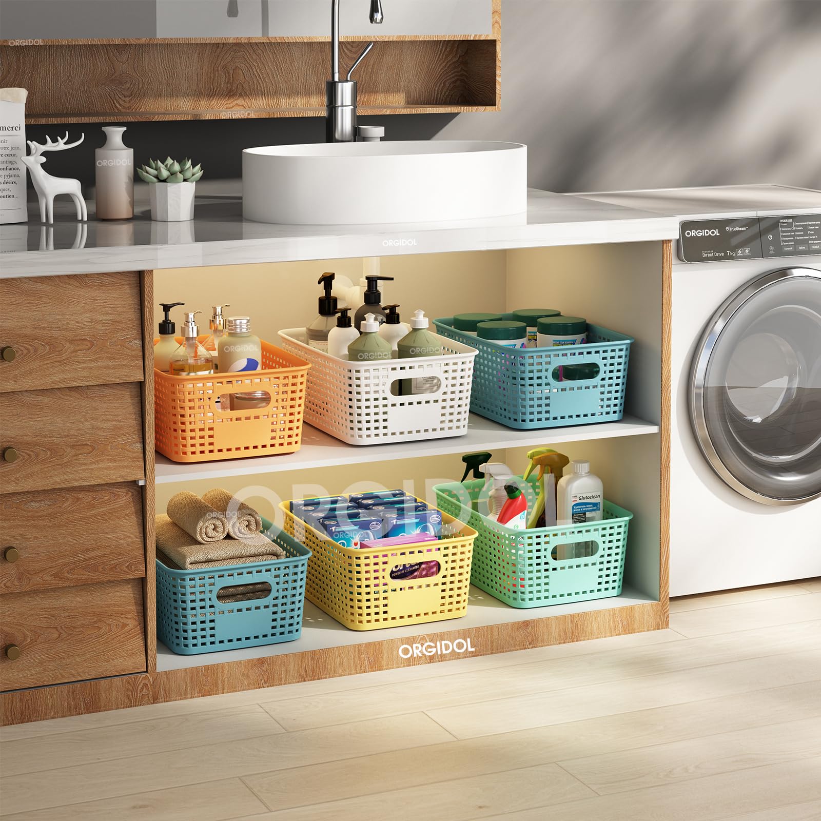 ORGIDOL Plastic Storage Basket with Lids 10 Pack Stackable Colorful Storage Bins Containers with Lid, Decorative Storage Boxes for Organizing Shelves, Drawers, Playroom, Classroom, Office, Closet