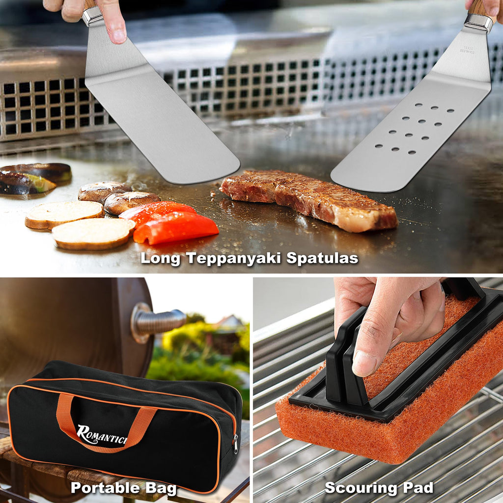 ROMANTICIST 29PCS Griddle Accessories Set - Flat Top Teppanyaki Spatula Set with Scraper, Basting Cover for Camp Chef- Home Cooking Griddle and Outdoor BBQ Gifts for Christmas