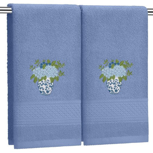 Frienda 2 Pcs Chinoiserie Vase Hydrangea Hand Towels Slate Blue Bathroom Decor 29.5x13.8 Inches Embroidered 100% Cotton Soft Absorbent Spring Summer Decorative Hand Towels for Bathroom Kitchen