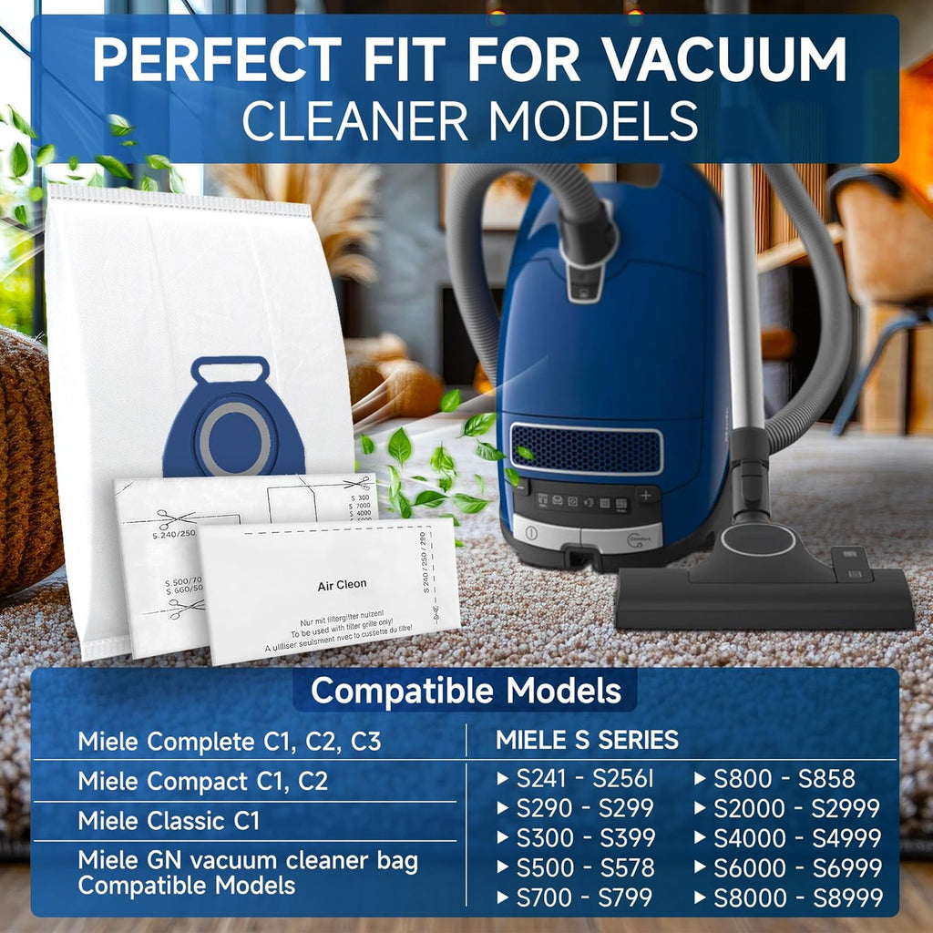 Miele 3D Airclean Vacuum Bags - 20 Pack Anti-Allergy Dust Bags with Motor & Air Filters | Compatible with Classic C1, Complete C1/C2/C3, S2/S5/S8 Series