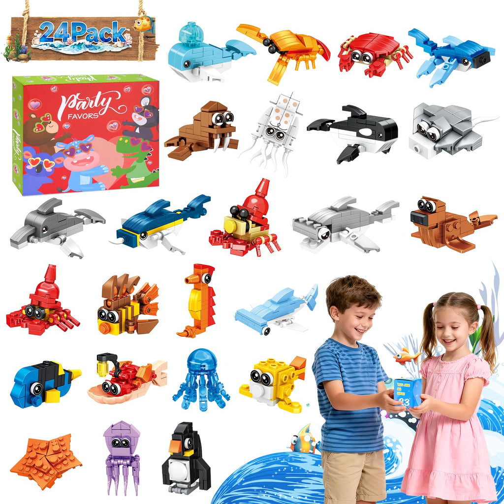 Giveuplay 24 Packs Party Favors for Kids, Ocean Mini Animals Toy Building Block Set for Easter Valentines Day Classroom Prizes Goodie Bag Stuffers Birthday Gifts for Boys Girls Ages 6-12+