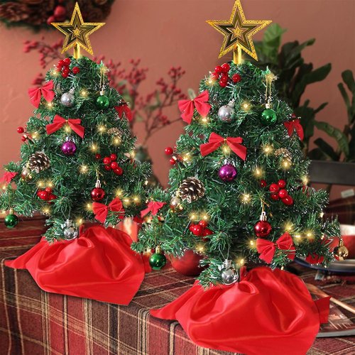Juegoal 2 Pack Mini Christmas Tree Set - 24 Inch Tabletop Artificial Trees with 50 LED Lights & Ornaments