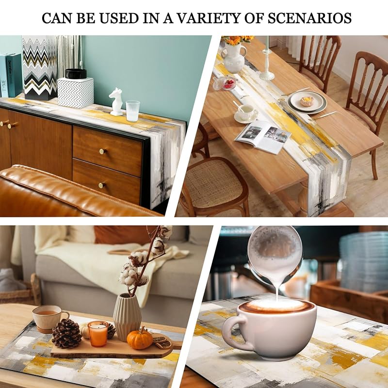 Table Runner & 6 Placemats Set - Yellow 70"X13" Runner + 18"X12" Placemats, Abstract Grey Linen