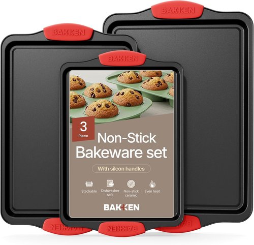 Bakken Baking Pan Set | 3-Piece Non-Stick Cookie Sheet with Silicone Handles - Commercial Grade Quality