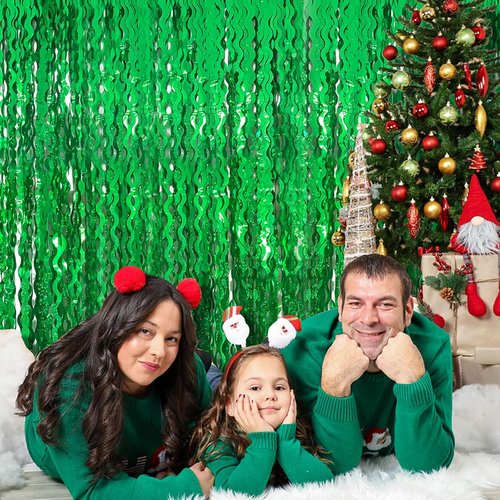 Green Tinsel Foil Fringe Curtains - Wavy Backdrop for Parties & Photo Booths | Metallic Streamers