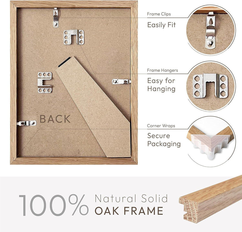 Solid Oak Wood 4x6 Picture Frame Set of 2 - Natural Finish with Mat for 3x5 Photos