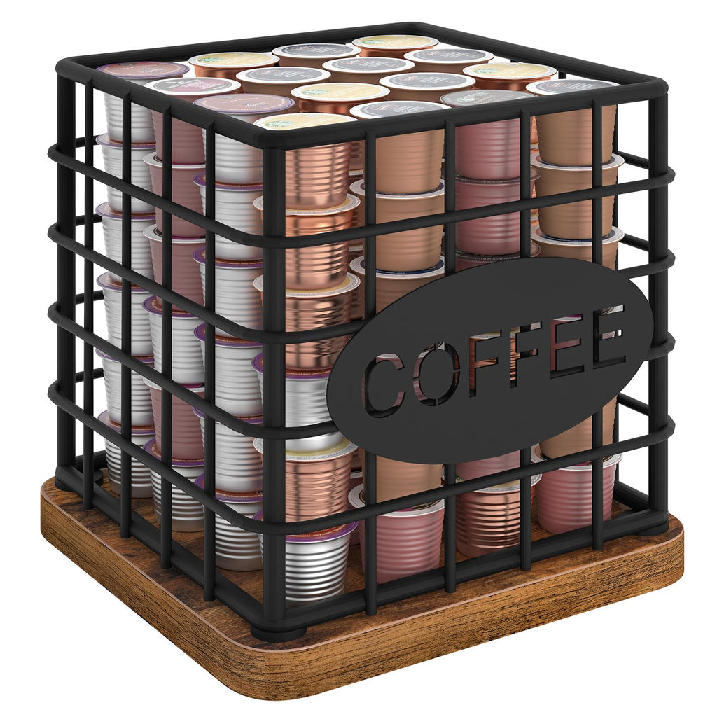 YATINEY Coffee Pod Holder for K Cup, Large Capacity Coffee Pod Organizer, Versatile Coffee Capsule Storage Basket with Wooden Base, Rustic Brown KH10BR