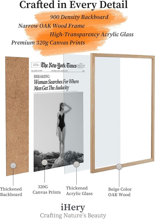 iHery Natural Oak Wood Framed Newspaper Wall Art - Retro Magazine Canvas Decor | 12x16in Funny Bathroom Artwork