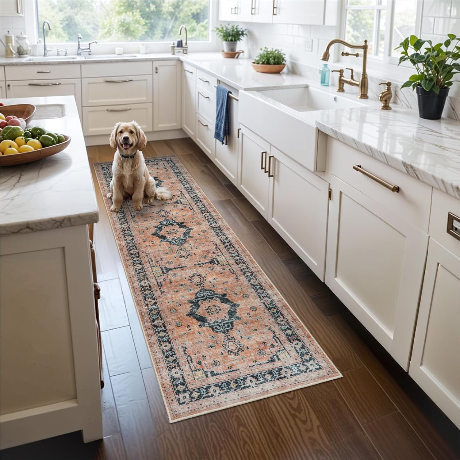 Skiennix Washable Hallway Runner Rug - Vintage Water-Resistant, Ultra Soft Indoor Mat (2x6, Orange)