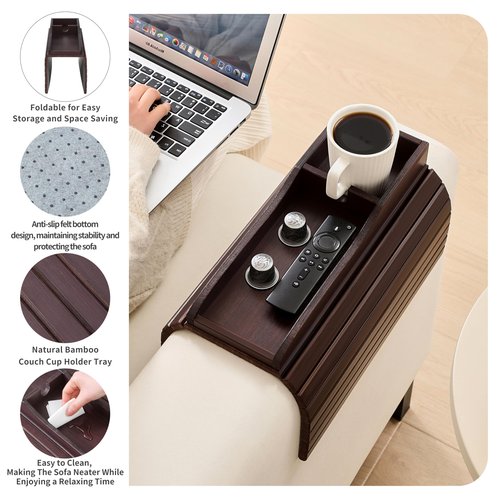 HNLISA Bamboo Couch Cup Holder Arm Tray Table，Couch Drink Holder，Sofa Cup Holder Armrest Tray，Anti-Slip Foldable Arm Chair Table Tray Recliners for Drink,Cups, Snacks, Phone, Remote