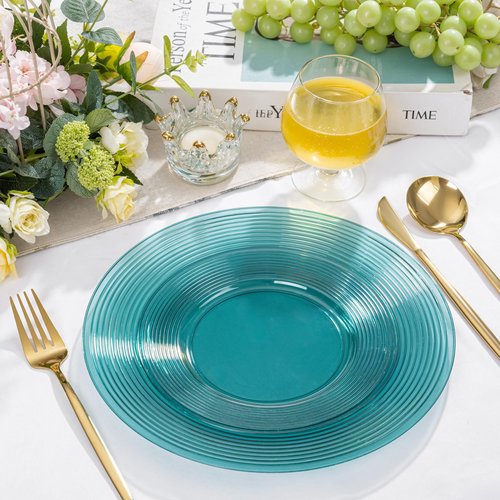 FLOWERCAT 100PCS Clear Blue Plastic Plates - Heavy Duty Plastic Plates Disposable -Straw hat plate for Birthday party &Wedding - Serve for 50Guests party(10inch & 7inch)(Mediterranean Blue)