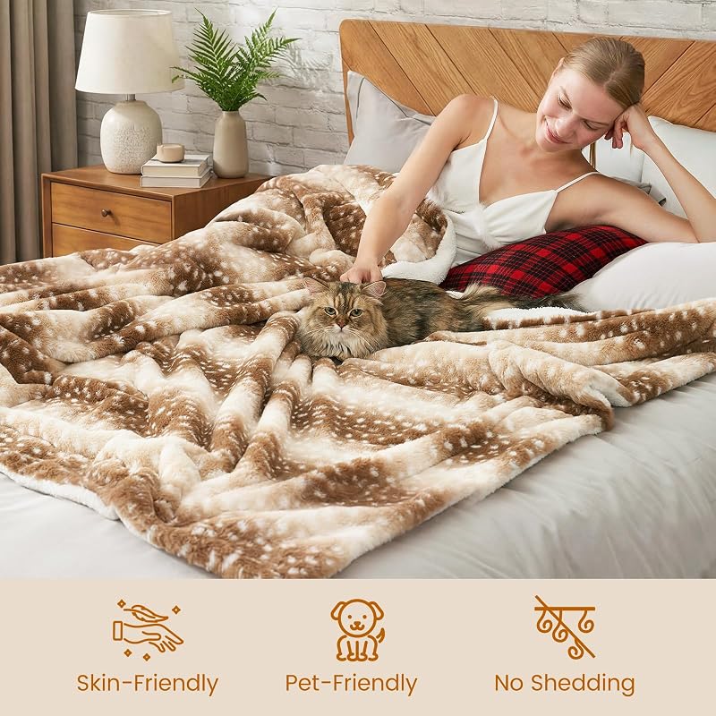 Cozy Bliss Deer Print Faux Fur Throw Blanket 50" x 60" – Brown Deer, 400GSM + 200GSM Sherpa
