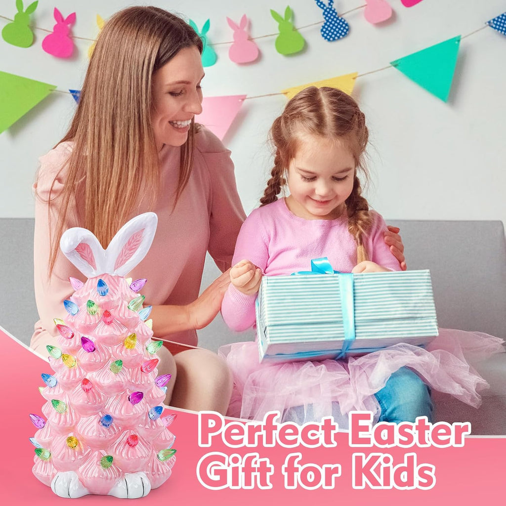 Skiennix Easter Bunny Decor - Glowing Ceramic Tree Night Light for Kids | Cute Indoor Tabletop Decoration (Pink)