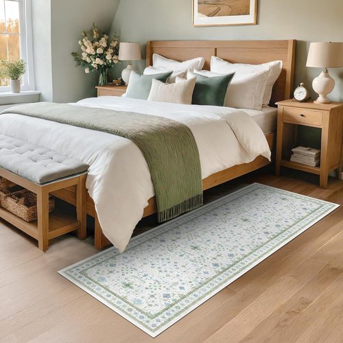 Hazo Haus Washable Oushak 2x6 Bathroom Runner Rug - Eclectic Boho Floral Design, Non-Slip & Stain Resistant in Cream Green