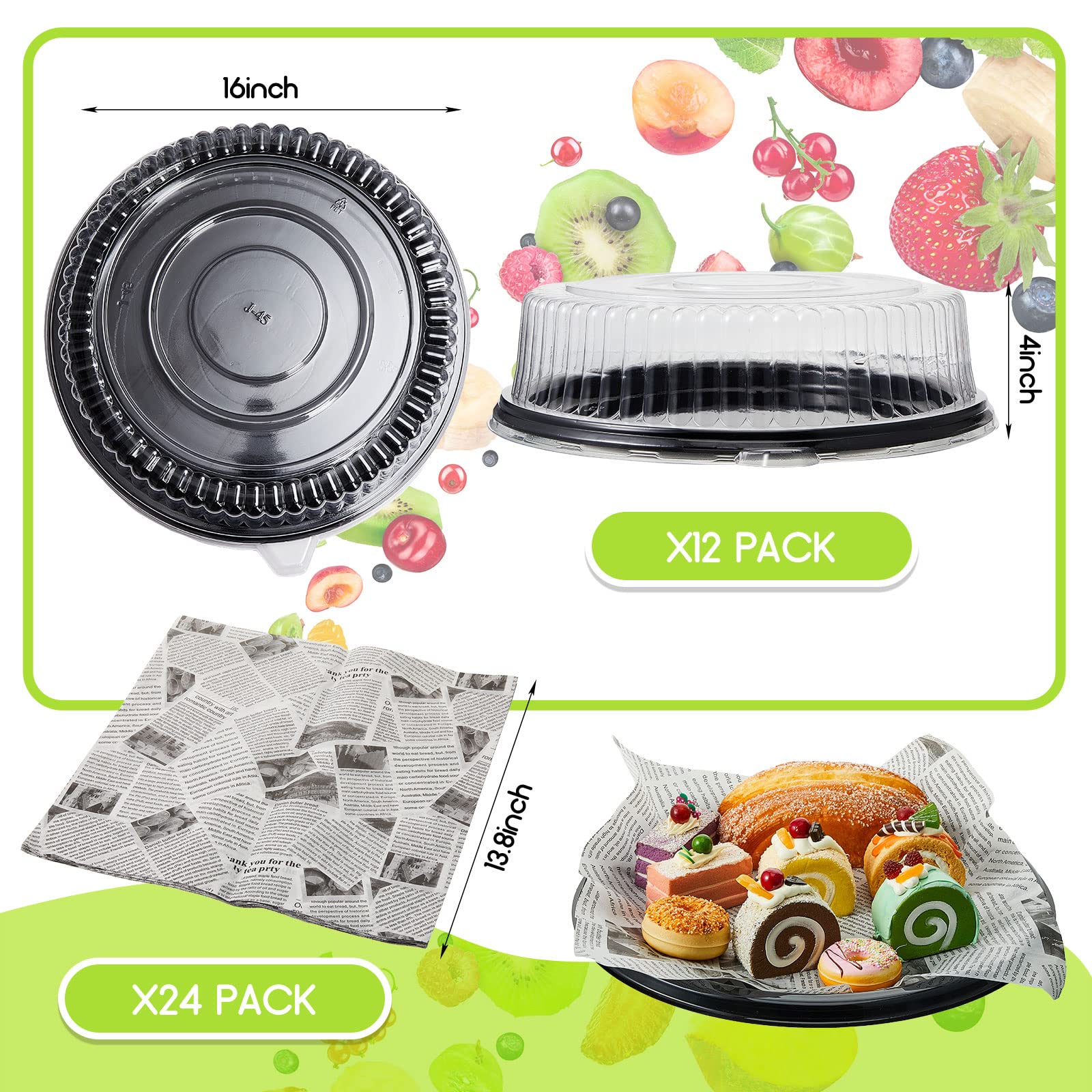 Tessco for you 12 Pack Heavy Duty Repeatedly Plastic Serving Tray with Lid and 24 Pcs Deli Wax Paper Sheets Sets Large Party Platters with Clear Lids Stackable Round Food Serving Trays (Black,16inch)