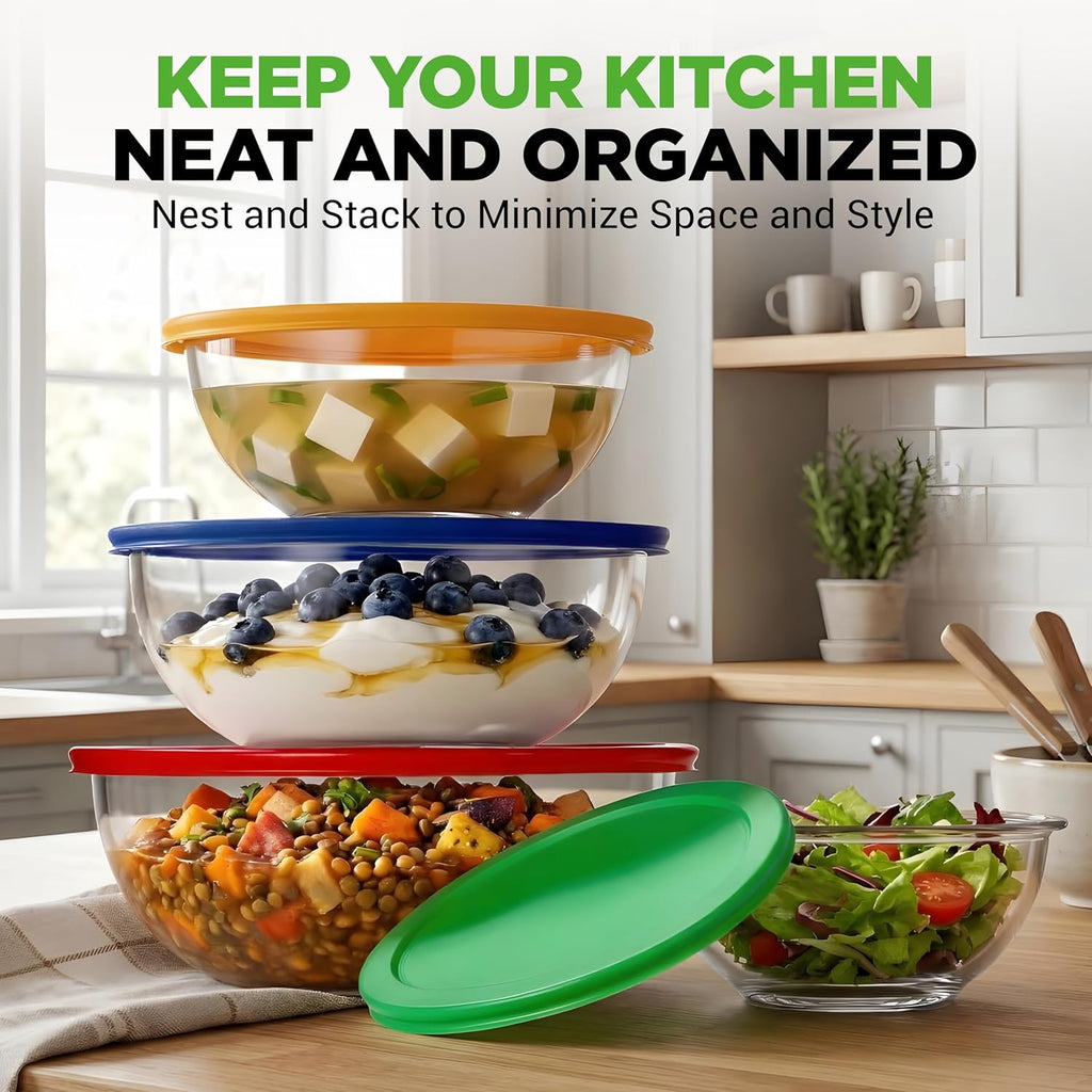 NutriChef 4-Piece Glass Mixing Bowl Set - Premium Non-Toxic Borosilicate Bowls with Airtight Lids (1 QT-3.7 QT)