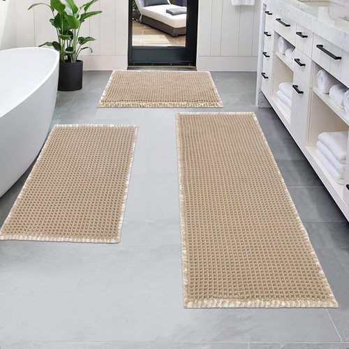 Pauwer 3 Piece Waffle Bath Mat Set - Non Slip, Soft Absorbent Bathroom Rugs for Floor, Tub, Shower - Machine Washable, Khaki
